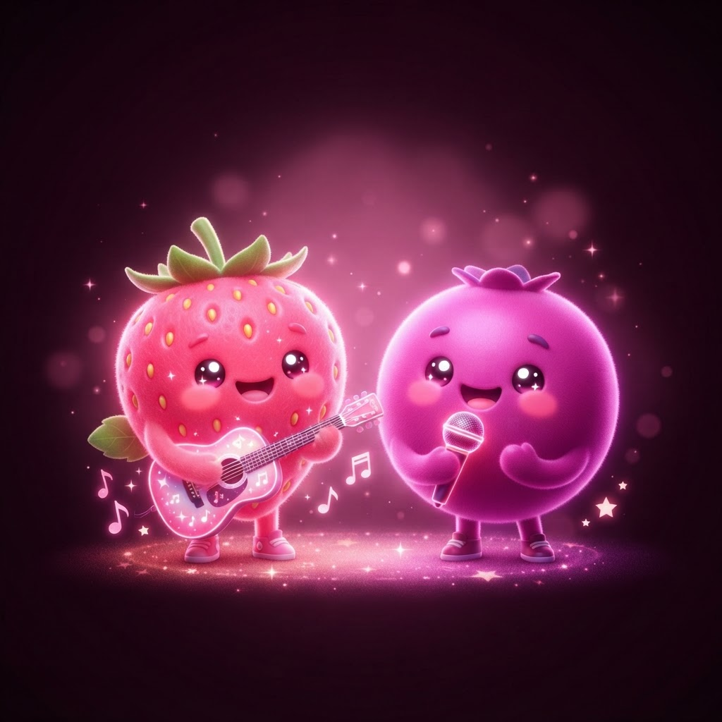 The two glowing berry characters of the sparkle berries duo, one holding a guitar and one with a microphone